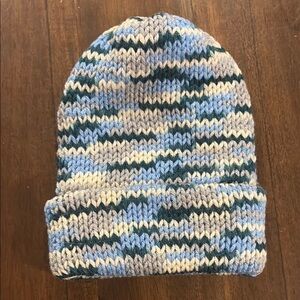 White and Blue Knitted Beanie Hat with Folded Brim